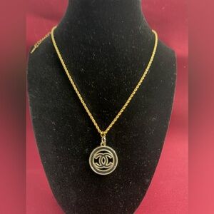 Upcycled and Stamped Necklace with Textured Round Charm w/ Black Lettering.